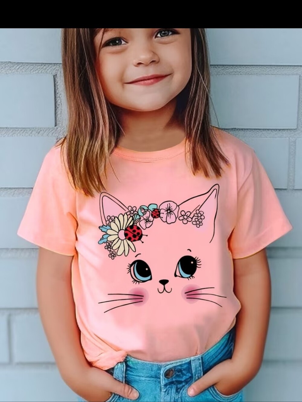 New Girls' Cute Cat Floral Graphic Tee sz 7-8 yrs #1460-408